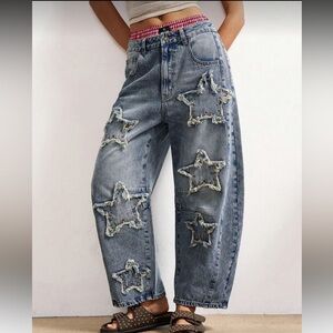 Star Patchwork barrel style jeans Stylish Blue Star Patch studded distressed